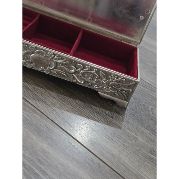 Vintage Ornate Silver-plated Jewelry Box Red Velvet Interior 9 x 4 x 2 Hong Kong - Picture 8 of 12